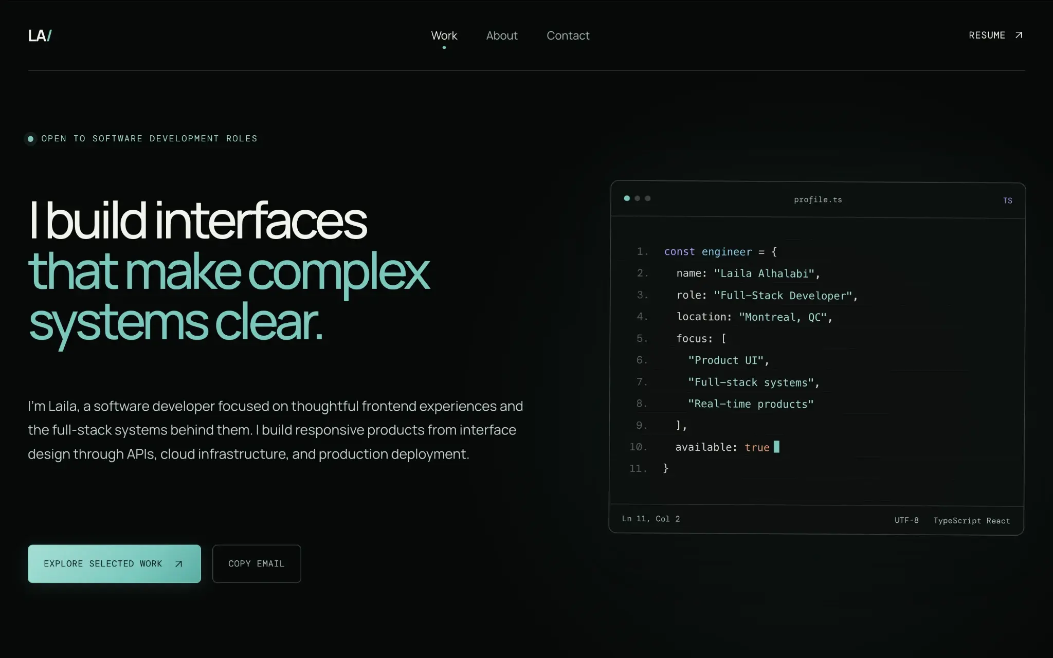 Screenshot of Laila's dark developer portfolio website