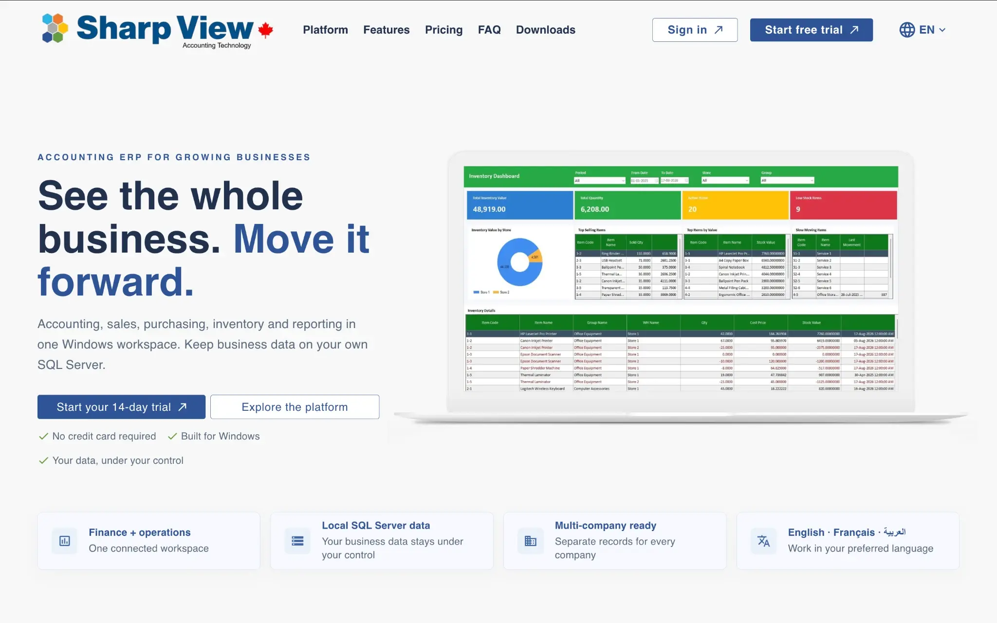 Screenshot of the Sharp View accounting software website